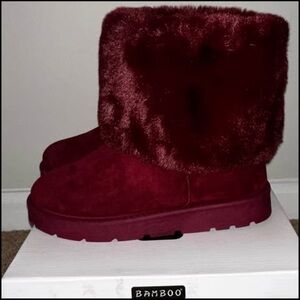 Bamboo Faux Suede & Fur Burgundy Boots 10 NIB